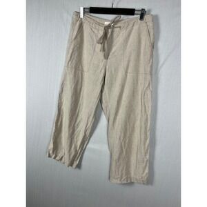 Eileen Fisher Crop Pants Womens L Beige Organic Linen Wide Leg Drawstring Beachy